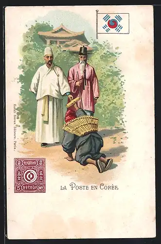 Lithographie Corèe, La Poste, Koreanischer Briefträger, Briefmarke