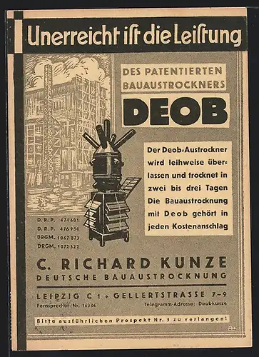 AK Leipzig, Reklame für Bauaustrockner DEOB von C. R. Kunze, Gellertstrasse 7-9