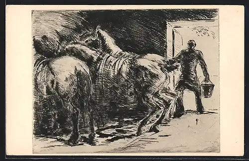 Künstler-AK sign. Hans Meid: Im Pferdestall, nach Originalradierung