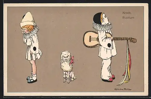 Künstler-AK sign. Felicien Philipp: Mädchen und Junge in Harlekin-Kostüm mit Gitarre & Pudel