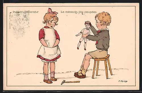 Künstler-AK sign. F. Philipp: Junge repariert die Puppe seiner Freundin