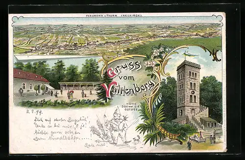 Lithographie Neukirch, Gasthaus Valtenberg mit Aussichtsturm, Panorama