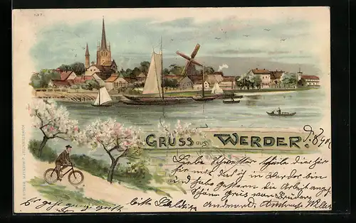 Lithographie Werder, Panorama mit Mühle und Kirche, Radfahrer im Frühling