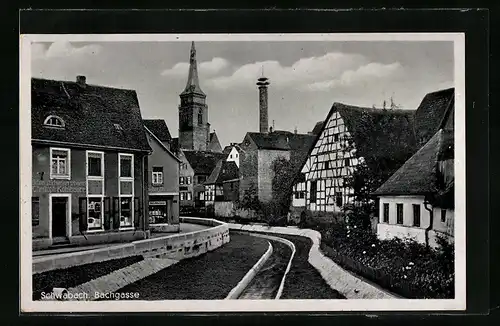 AK Schwabach, Bachgasse, Strasse mit Bach und Kirche, Geschäftshaus Kohlbauer