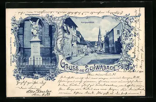 AK Schwabach, Blick in die Königsstrasse, Kriegerdenkmal