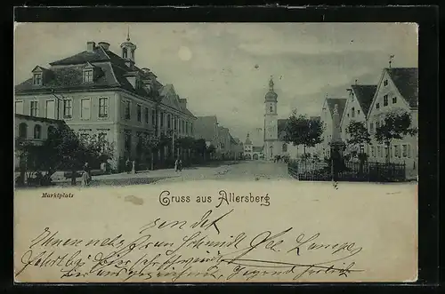 Mondschein-AK Allersberg, Marktplatz mit Kirche und Torgebäude