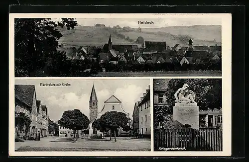 AK Heideck, Marktplatz mit Kirche, Kriegerdenkmal, Ortsansicht