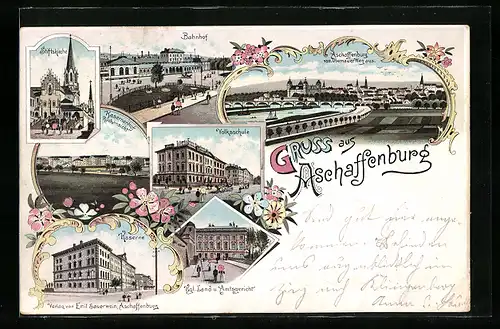 Lithographie Aschaffenburg, Kaserne, Bahnhof, Volksschule