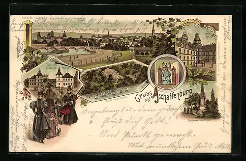 Lithographie Aschaffenburg, Kgl. Weibl. Bildungsanstalt mit Passantinnen, Ortsansicht mit Brücke, Wappen