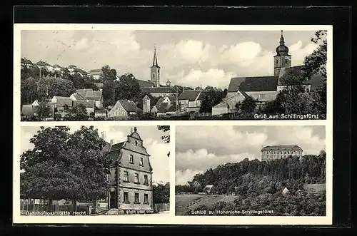 AK Schillingsfürst, Bahnhofsgaststätte Hecht v. H. Zapf, Schloss zu Hohenlohe-Schillingsfürst, Ortsansicht