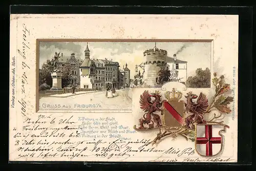 Passepartout-Lithographie Freiburg / Breisgau, Strassenansicht mit Denkmal, Ortswappen