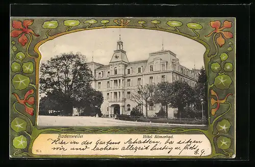 Passepartout-Lithographie Badenweiler, Hotel Römerbad mit Vorplatz, Florale Ornamente