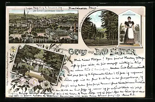 Lithographie Bad Elster, Gesamtansicht, Brunnenmädchen