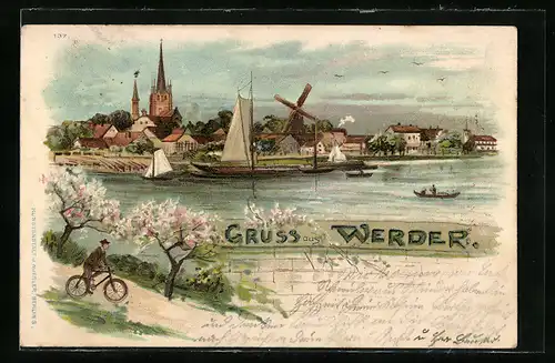 Lithographie Werder, Panorama mit Mühle und Kirche, Radfahrer im Frühling