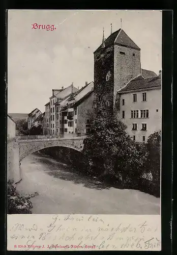 AK Brugg, Wasserpartie mit Brücke und Wohnhäusern