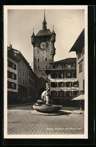 AK Baden, Hotel Engel und Brunnen am Stadtturm