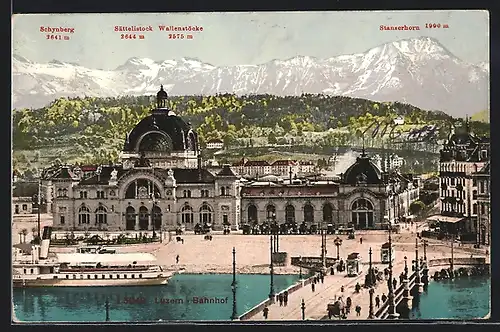 AK Luzern, Bahnhof mit Stanserhorn, Schynberg und Sättelistock
