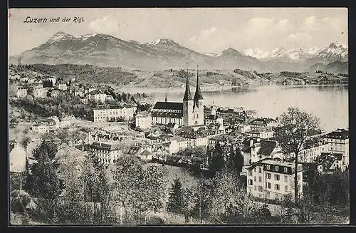 AK Luzern, Teilansicht mit Kirche und Rigi