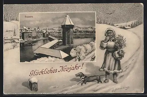 AK Luzern, Uferpartie mit Turm im Schnee, Neujahrsgruss