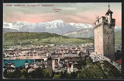 AK Luzern, Teilansicht mit Museggturm Luginsland und Stanserhorn