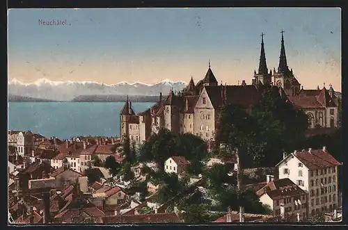 AK Neuchâtel, Teilansicht mit Kirche