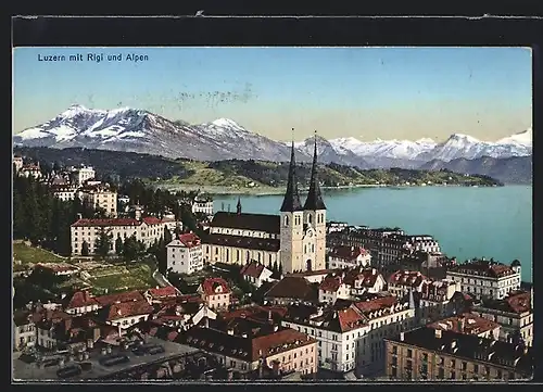 AK Luzern, Teilansicht mit Kirche, Rigi und Alpen