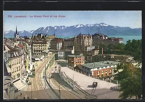 AK Lausanne, Le Grand Pont et les Alpes, Strassenbahn