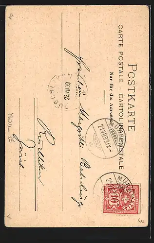 AK Mürren, Ortsansicht mit gewaltigem Bergpanorama, Almhütte mit Bauern und Vieh