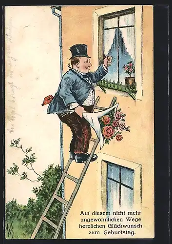 Künstler-AK Willi Scheuermann: Mann klettert mit Blumenstrauss die Leiter hinauf um seiner Liebsten zu gratulieren
