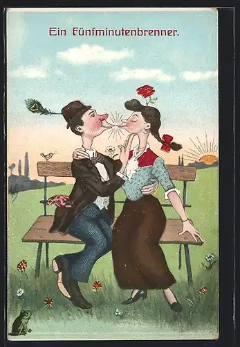 Künstler-AK Willi Scheuermann: Ein Fünfminutenbrenner, Küssendes Paar auf Parkbank