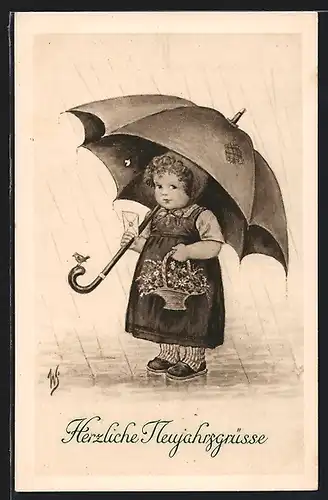 Künstler-AK Willi Scheuermann: Kleines Mädchen mit Schirm, Herzliche Neujahresgrüsse