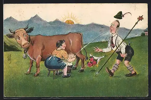 Künstler-AK Willi Scheuermann: Eine Milchkur!, Frau melkt eine Kuh