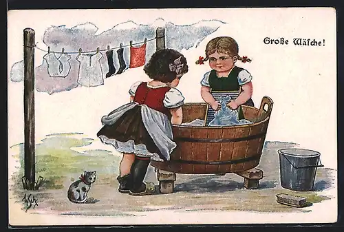 Künstler-AK Willi Scheuermann: Grosse Wäsche, Zwei Mädchen am Waschbrett haben Waschtag