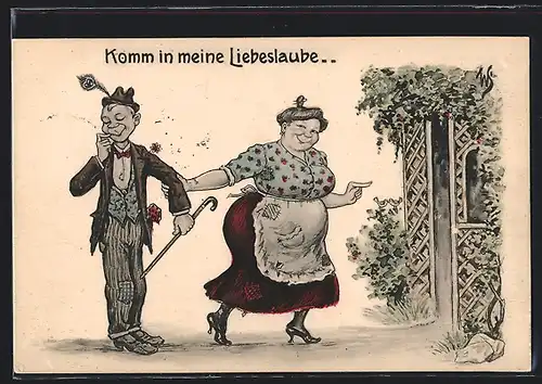 Künstler-AK Willi Scheuermann: Komm in meine Liebeslaube, Dame versucht den schüchternen Herren zu verführen