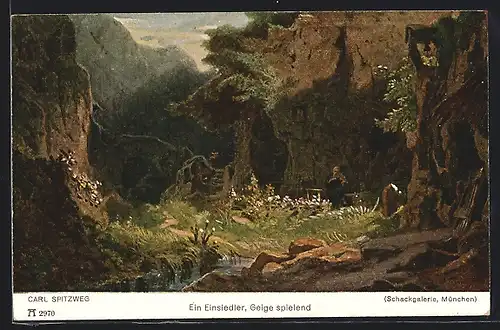 Künstler-AK Carl Spitzweg: Ein Einsiedler, Geige spielend