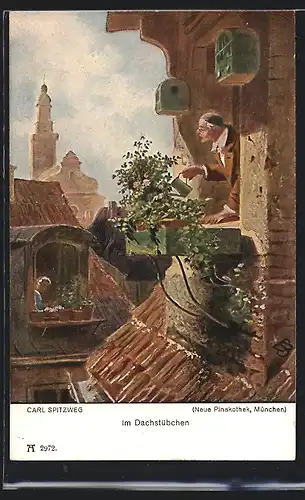 Künstler-AK Carl Spitzweg: Im Dachstübchen, Herr beim Blumengiessen schenkt der Dame einen Blick