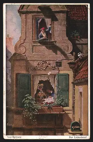 Künstler-AK Wohlgemuth & Lissner, Primus-Postkarte No. 3067, der Liebesbrief, Mann hangelt Brief herunter