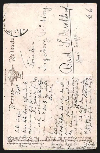 Künstler-AK Wohlgemuth & Lissner, Primus-Postkarte No. 3067, der Liebesbrief, Mann hangelt Brief herunter