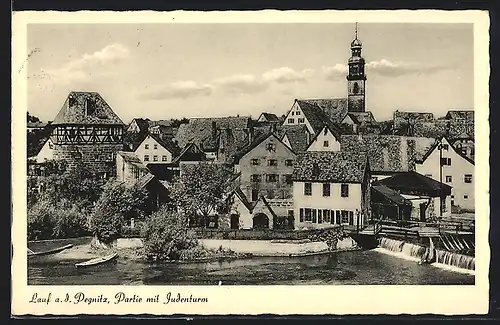 AK Lauf a. d. Pegnitz, Flusspartie mit Judenturm und Blick auf die Kirche
