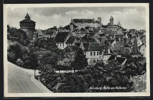 AK Nürnberg, Strassenpartie am Hallertor mit Turm