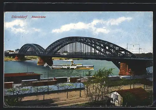 AK Düsseldorf, Rheinbrücke mit Dampfer