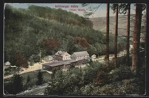 AK Gehlberg, Blick den Hang hinab auf die Gehlberger Mühle