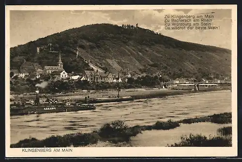 AK Klingenberg am Main, Uferpartie mit Kirche und Fähre K. B. K. S. No. 5