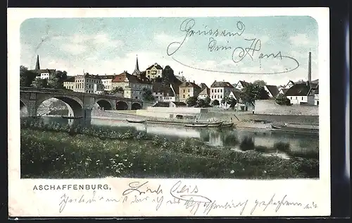 AK Aschaffenburg, Uferpartie mit Brücke
