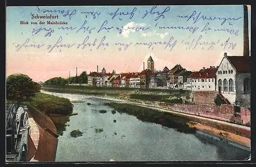 AK Schweinfurt, Blick von der Mainbrücke auf den Ort