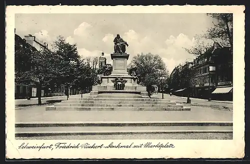 AK Schweinfurt, Friedrich Rückert-Denkmal mit Marktplatz