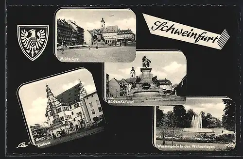 AK Schweinfurt, Marktplatz, Wasserspiele Wehranlagen, Wappen