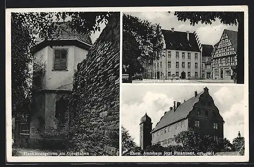 AK Gerolzhofen, Flankierungsturm am Giesgraben, Marktplatz mit Rathaus, Finanzamt