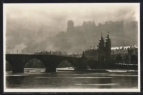 AK Heidelberg, Alte Neckarbrücke und Schloss, Morgenstimmung