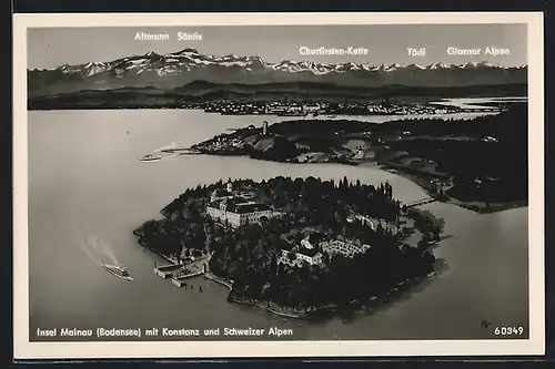 AK Insel Mainau /Bodensee, Gesamtansicht mit Konstanz und Alpen